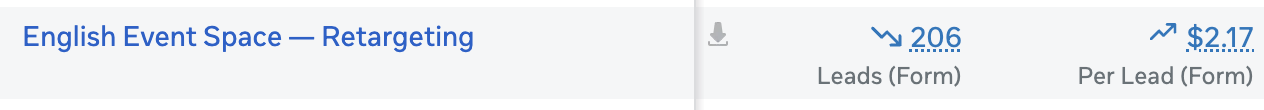 Retargeting campaign dashboard — 206 leads at $2.17 per lead, 33% cheaper than cold